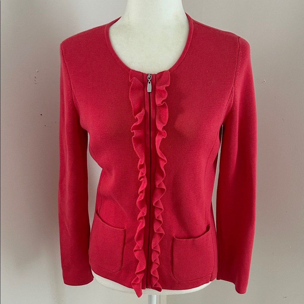 Talbots Cherry Red Cotton/Rayon Ruffle Cardigan Sweater sz XS/S